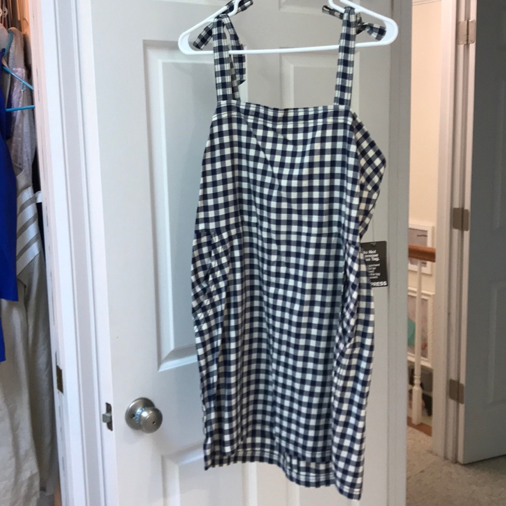 Blue and white, gingham dress